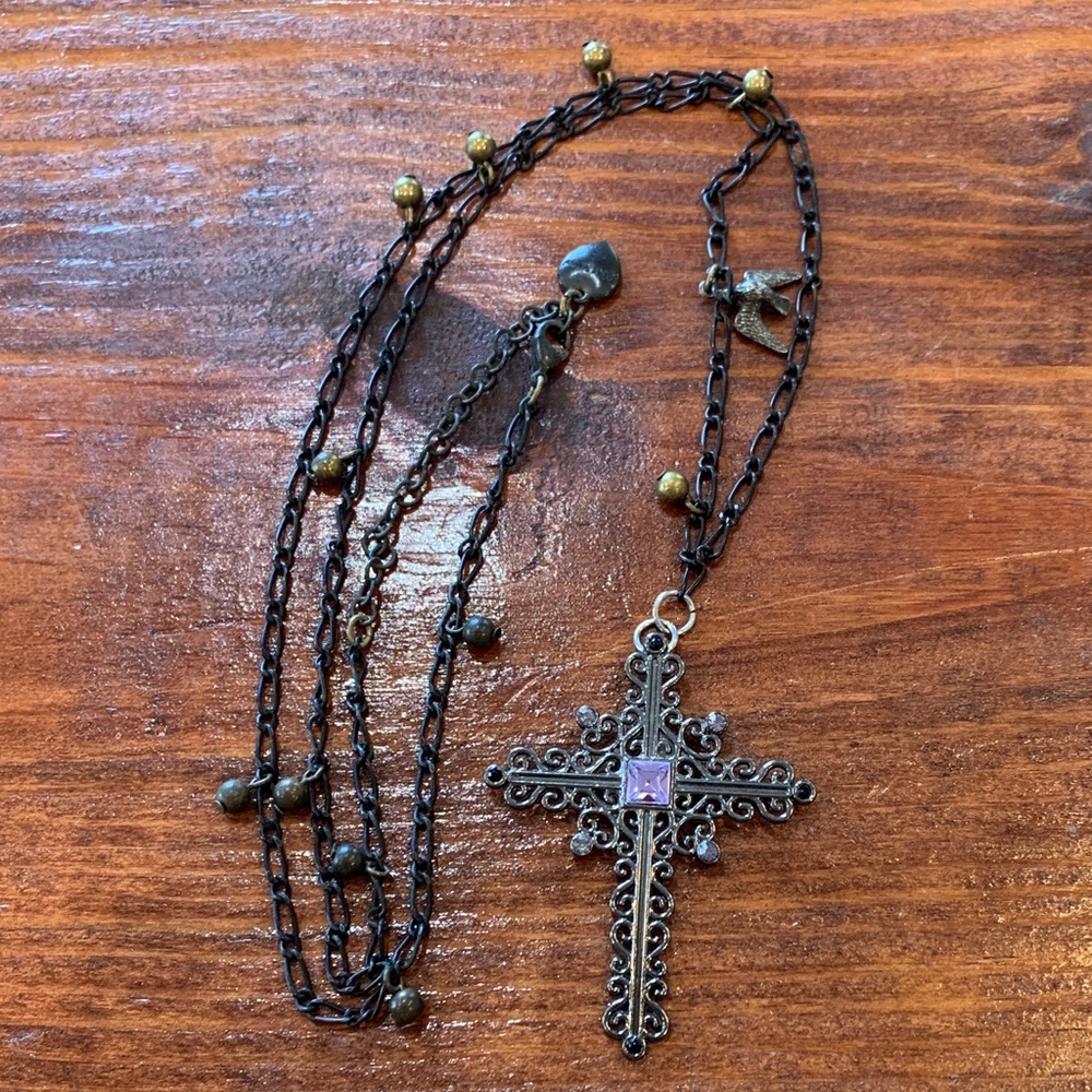 Vintage Betsey Johnson Rocker Chic Y2K Cross and Dove Necklace
